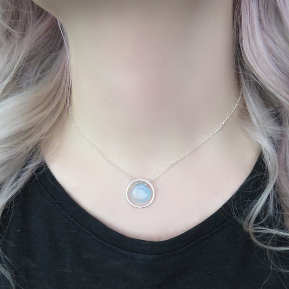 J. C. Jewelry Jewelry - Sky Blue Chalcedony Silver Circle Necklace - Short Pendant Necklace